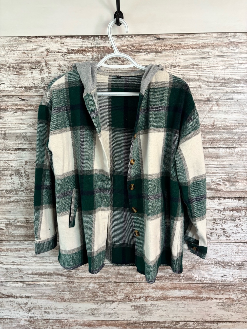 Green and Cream Plaid Hooded Button-Up Jacket